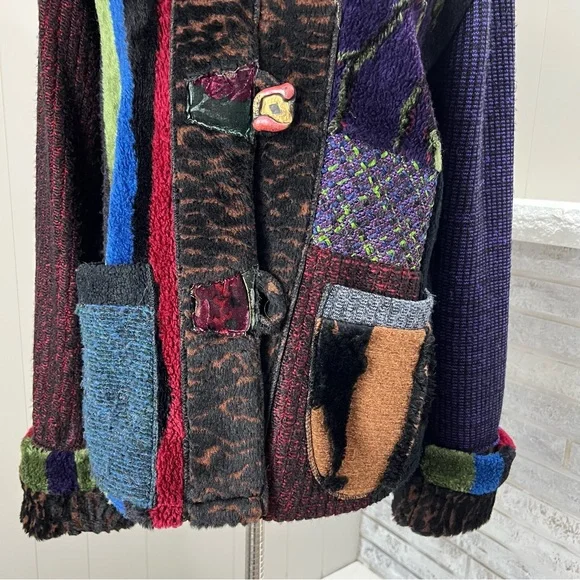 Lee Andersen Patchwork Art To Wear Multicolor Fleece Sweater Knit Cardigan S - Picture 3 of 6